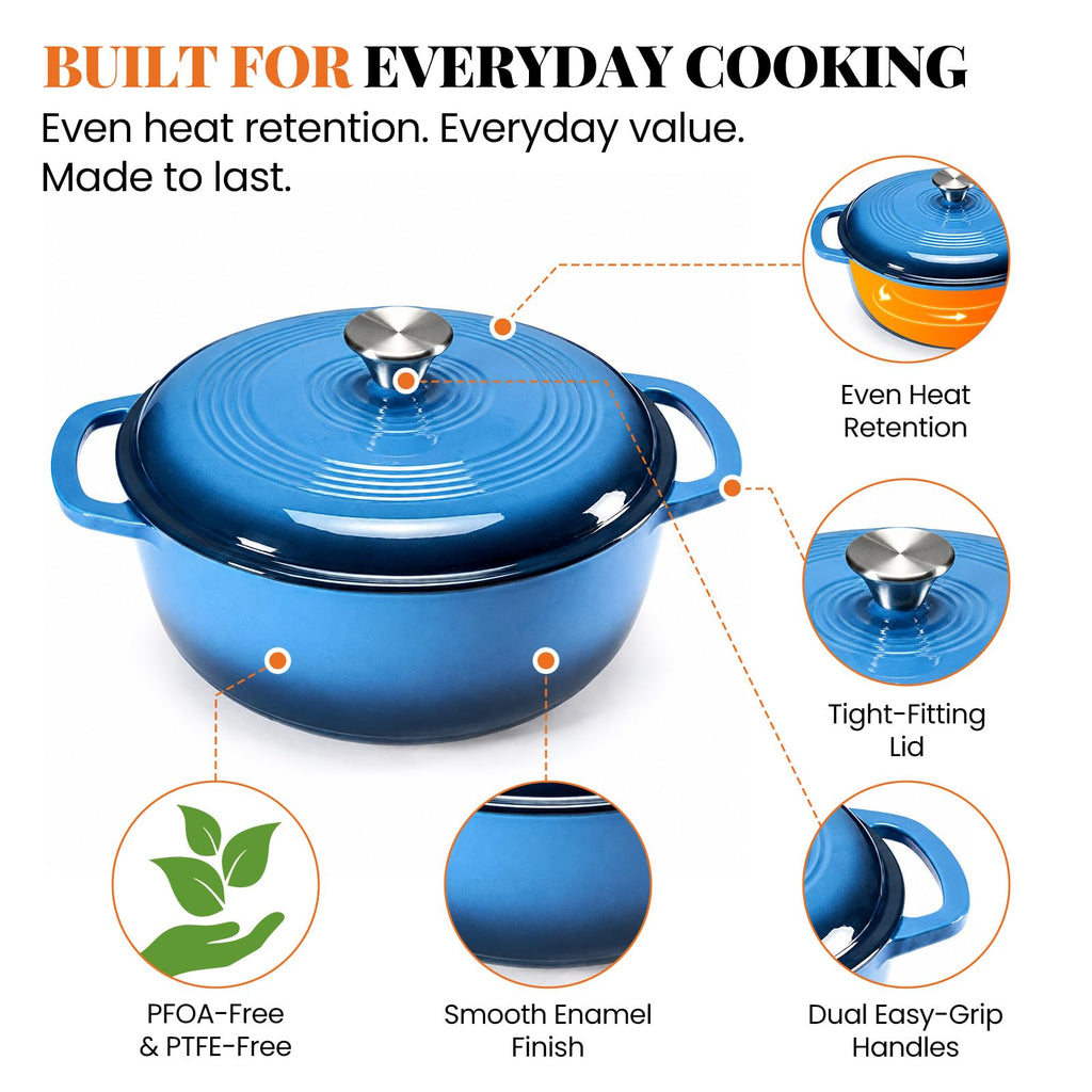 6 Qt Enameled Cast Iron Dutch Oven Pot with Lid, Blue