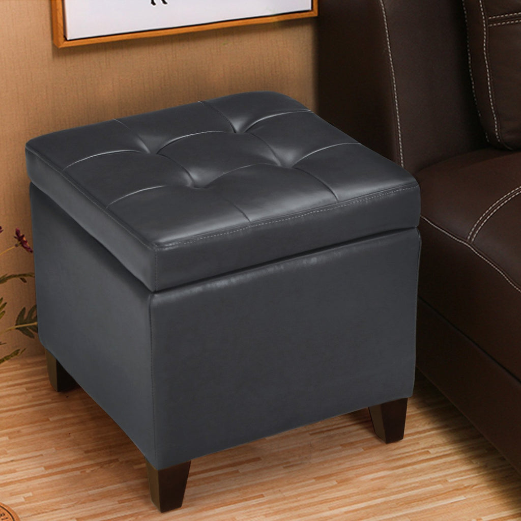 Bonded Leather Square Tufted Cubic Cube Storage Footstool, 18" Inch Ottomans & Storage Ottomans, With Lid, Dim Gray