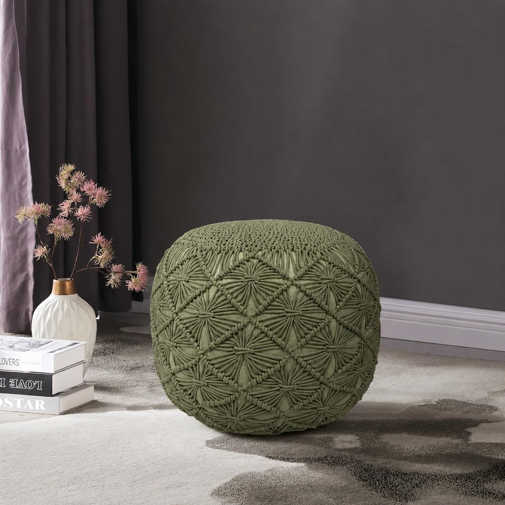 Macrame Pouf Ottoman 20x20x14 Green Handwoven Dori Footrest Stool