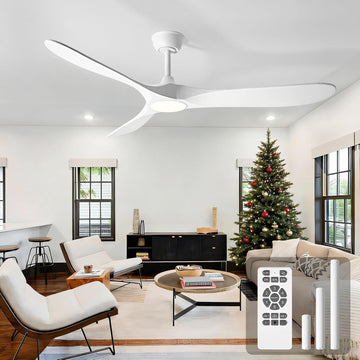 Inspired Maverick Style 52 Inch White Ceiling Fan with Light and Remote - 3 Solid Wood Blades, Dimmable LED, 6-Speed Quiet DC Motor