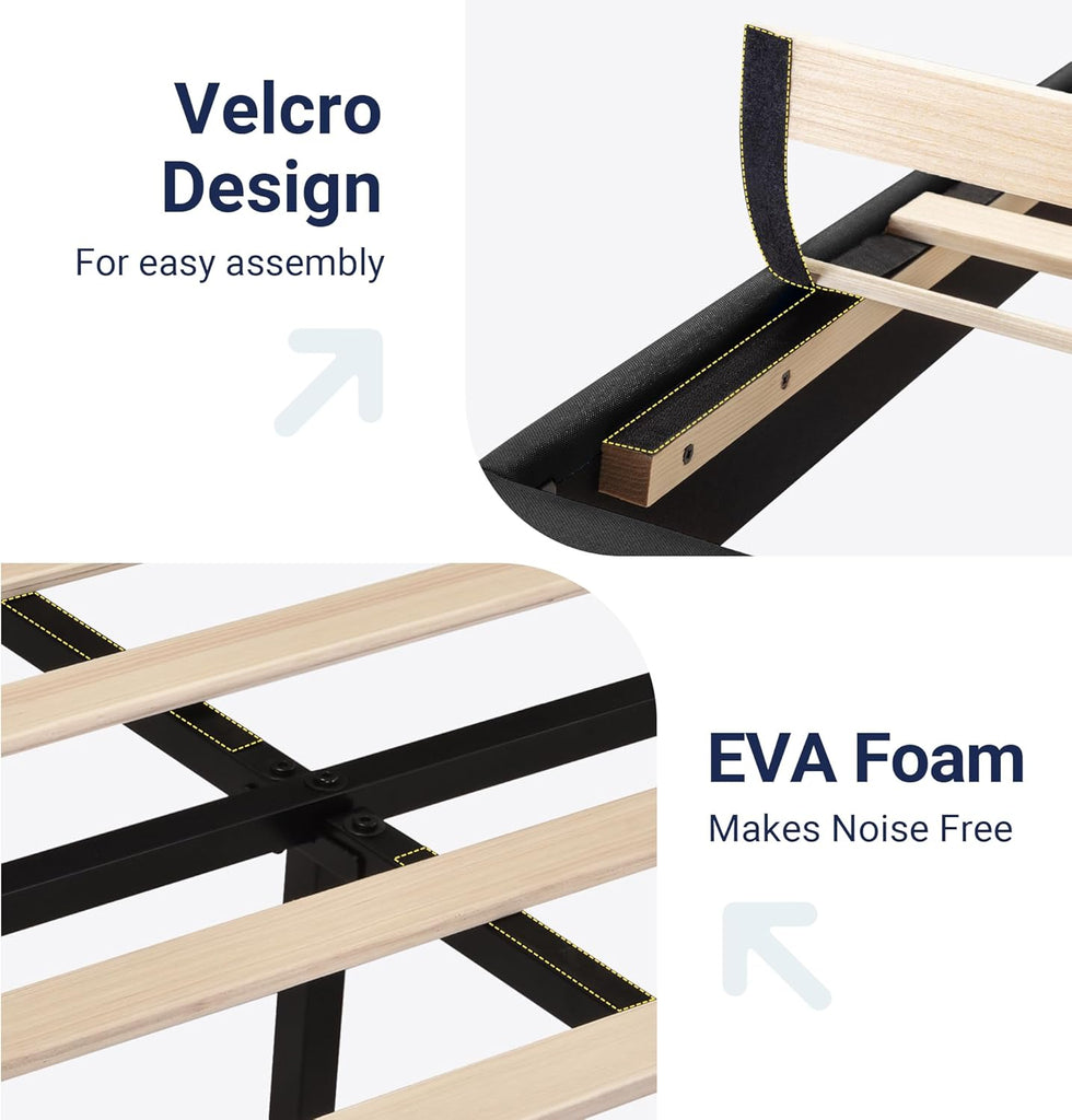King Bed Frame Platform Bed with Fabric Upholstered Headboard and Wooden Slats Support