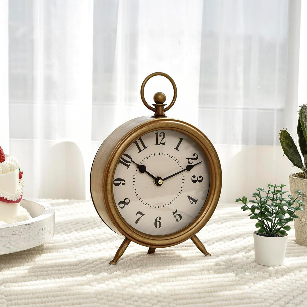 Antique Gold Finish Mantel Clock - Vintage Gold Table Clock on Stand, Decorative Desk and Shelf Clock