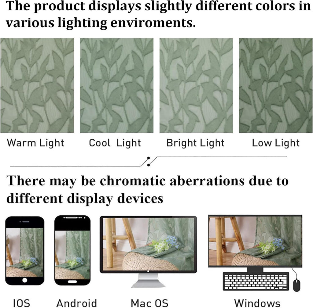 Leia 14 Inch Sage Valance for Window Green Sheer Curtains 2 PCS, Jacquard Texture Leaves Semi Voile Living Room