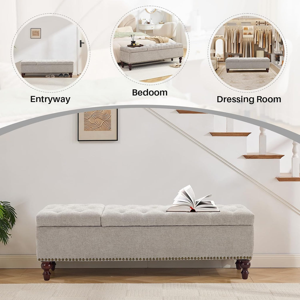 55" Storage Ottoman Bench, Tufted End of Bed Bench, Light Gray | 55" Tufted Storage Bench with 2 Compartments