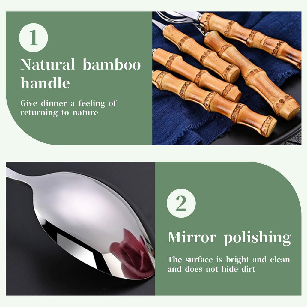 Bamboo handle flatware sets for 8, 40 Piece Natural bamboo handle cutlery sets, silverware sets, dinnerware tableware