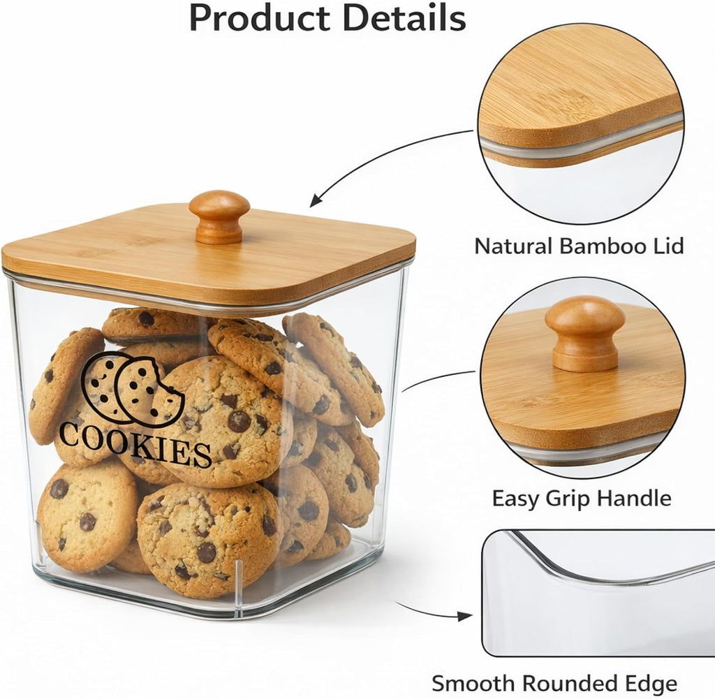 Cookie Jars with Wooden Lids Airtight, 2L Plastic Cookie Tin, Wide Mouth Candy Jar, Kitchen Counter Food Storage