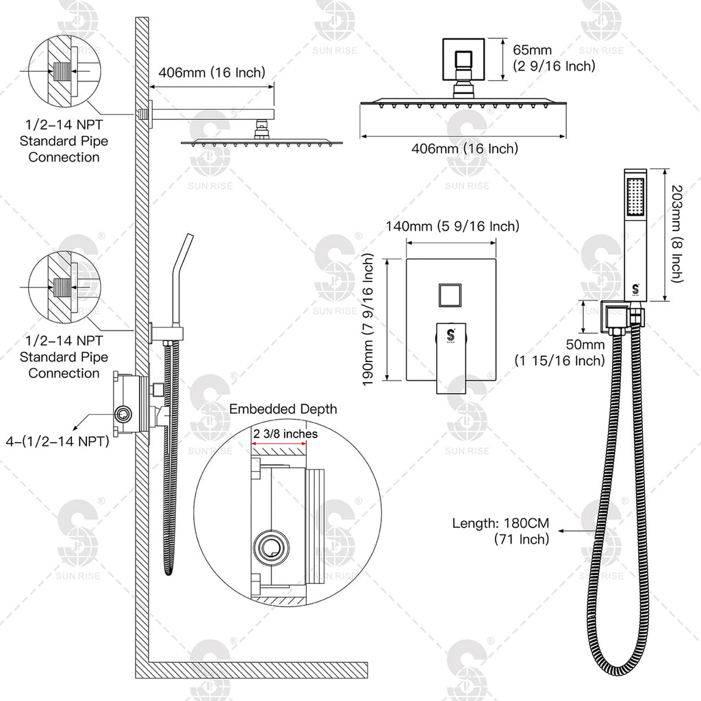 Shower Faucet Set 16-Inch Rainfall Shower Head Polished Chrome