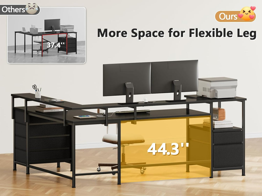 66'' L Shaped Gaming Desk with 6 Drawers, LED, Outlets, Black | Reversible Large Corner Computer Desk with Printer