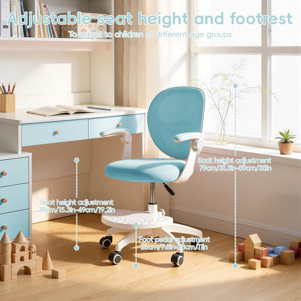 Kids Desk Chair with Adjustable Footrest and Flip Arms for Study