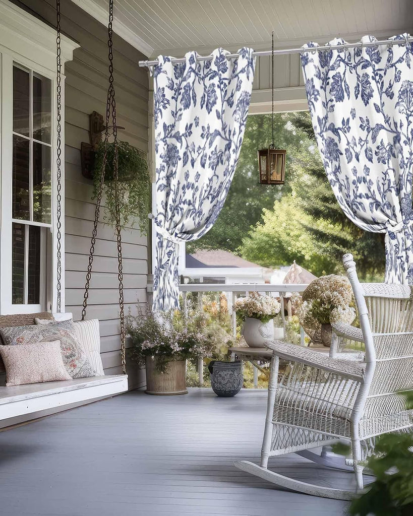 Outdoor Curtains Waterproof, Vintage Blue Floral Farmhouse Flower Pastoral Style Grommet Weatherproof Privacy