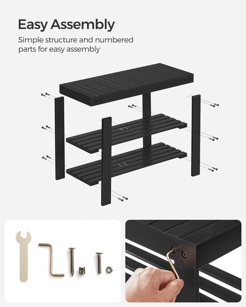 Shoe Rack Bench, 3-Tier Bamboo Entryway Bench, 27.6 Inches Width