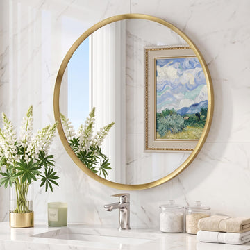 36 inch Brushed Gold Round Bathroom Mirror, Large Circle Mirror