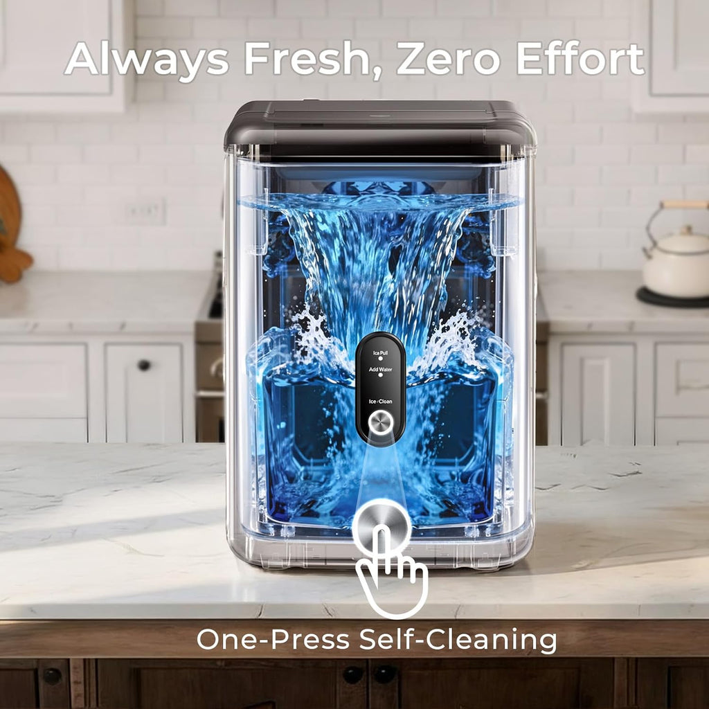 Nugget Ice Maker Countertop: 33lb/Day, Self-Cleaning, Black Stainless Steel, Portable, Soft Chewable Pebble Ice