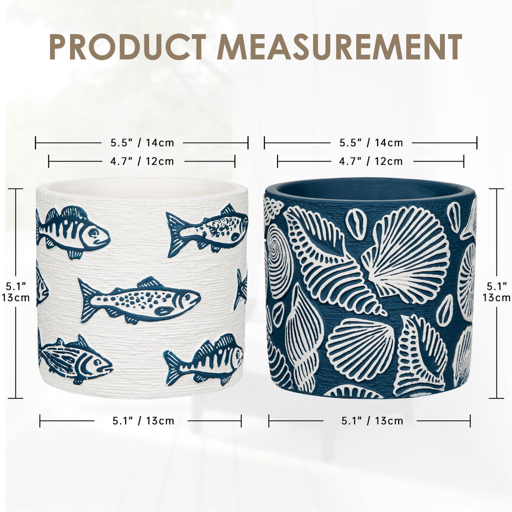 Ceramic Plant Pots, 5.5 Inch Planter Pot with Drainage Hole, Shell Fish Patterns Ceramic Planters Flower Pot for