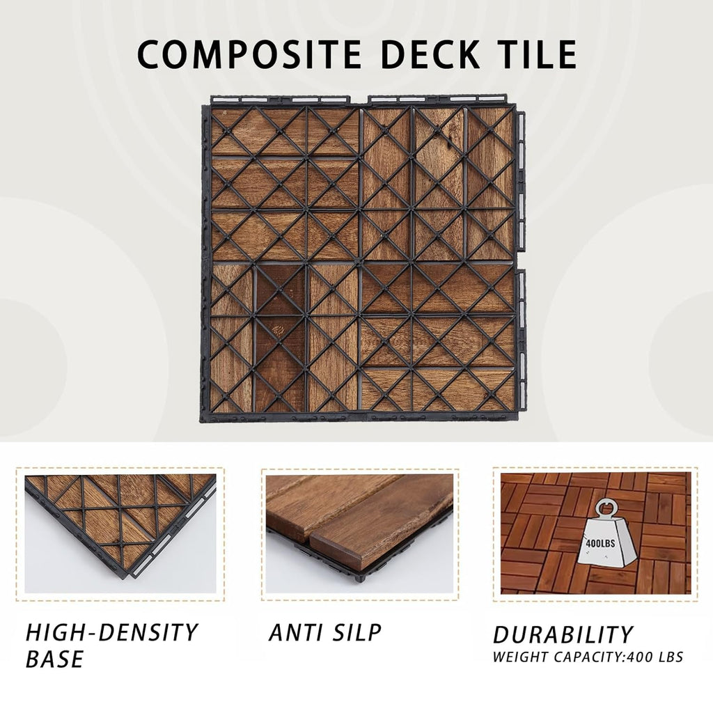 Deck Tiles - Pack of 10 Waterproof Acacia Wood Patio Tiles, Flooring Tile for Indoor and Outdoor - 12 x 12 inches