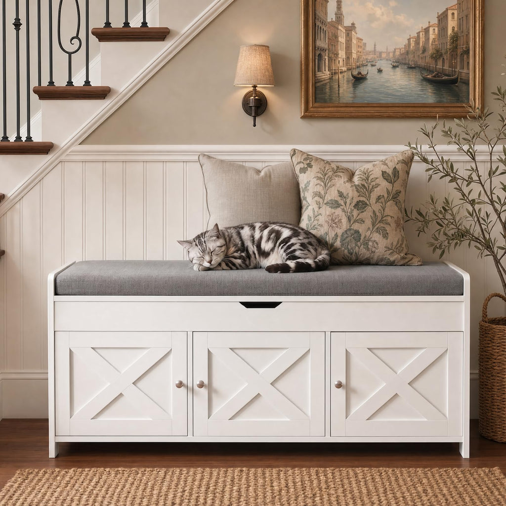 Shoe Storage Bench with Seating, Farmhouse Entryway Bench, White