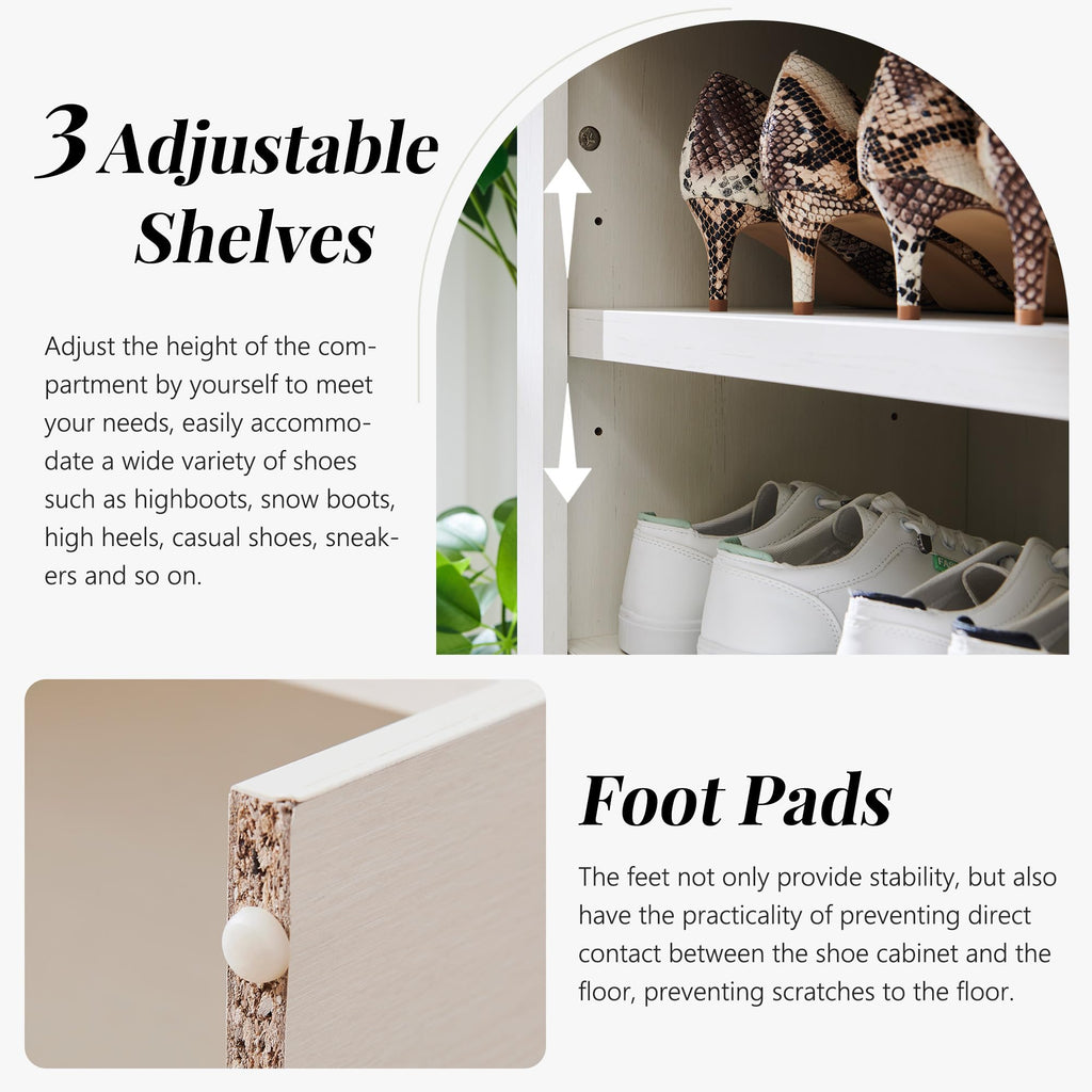 67" Tall Arched Shoe Storage Cabinet, 8 Tiers Shoe Rack-Antique White