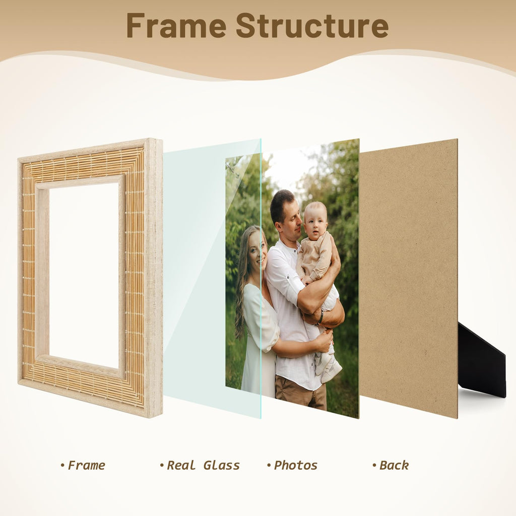 5x7 Bamboo Woven Picture Frame, Boho, Real Glass