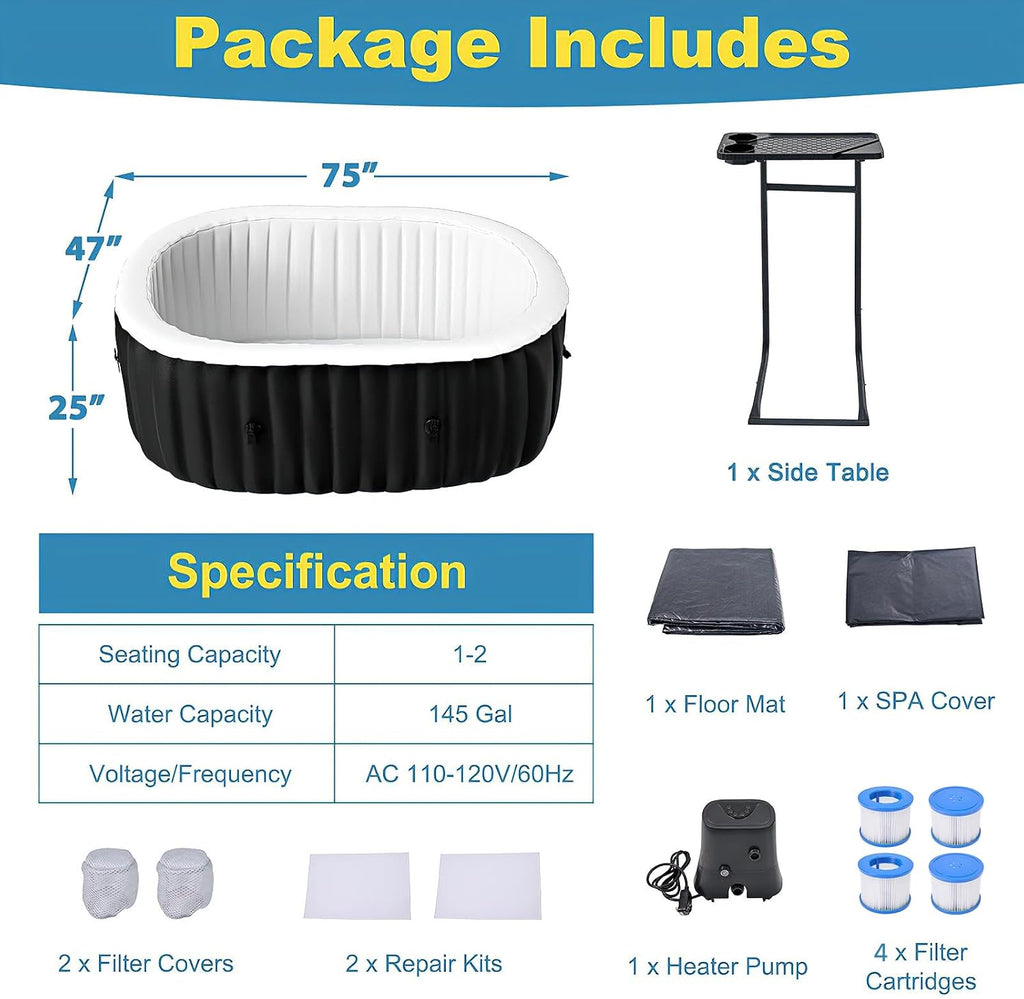 Inflatable Hot Tub, Portable Outdoor 75x47x25 Inch Spa with Air Jets | Durable PVC Blow Up Hot Tub for Backyard