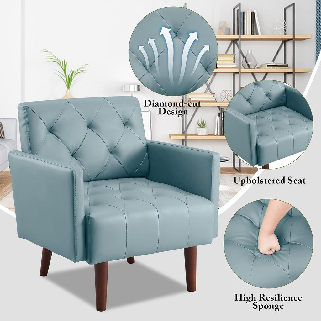 Faux Leather Accent Chair Modern PU Armchair, Retro Tufted Upholstered Arm Chair, Comfy Leather Club Chair Single