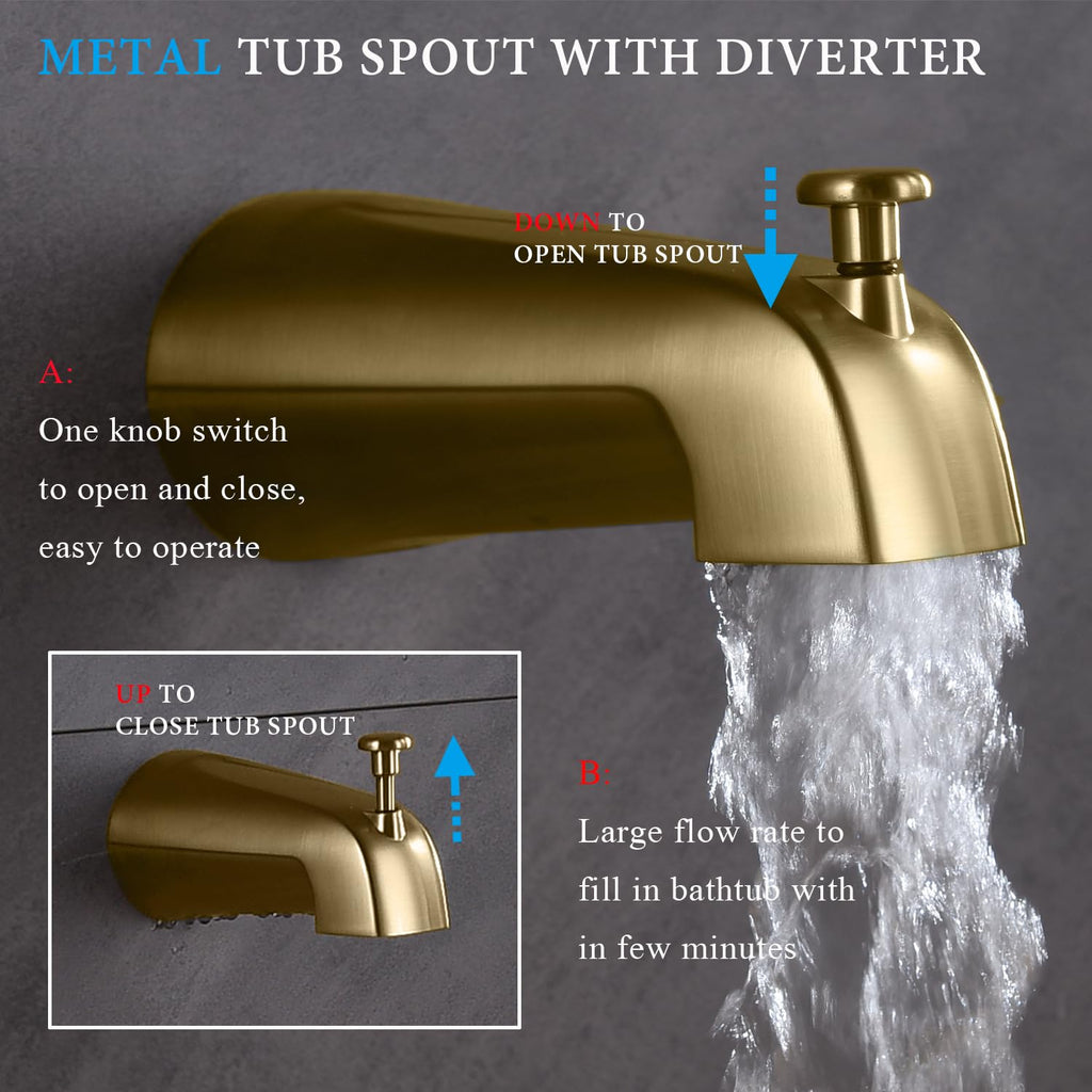 Shower Faucet Set with Tub Spout Brushed Gold 10 Inch Rainfall Shower 4 Setting Spray Mixer Shower System Modern