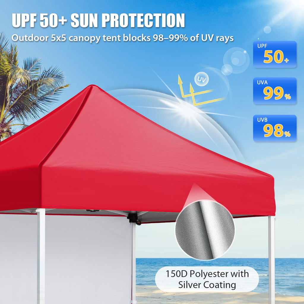 5x5 Pop Up Canopy Tent with 1 Removable Sidewall, Red