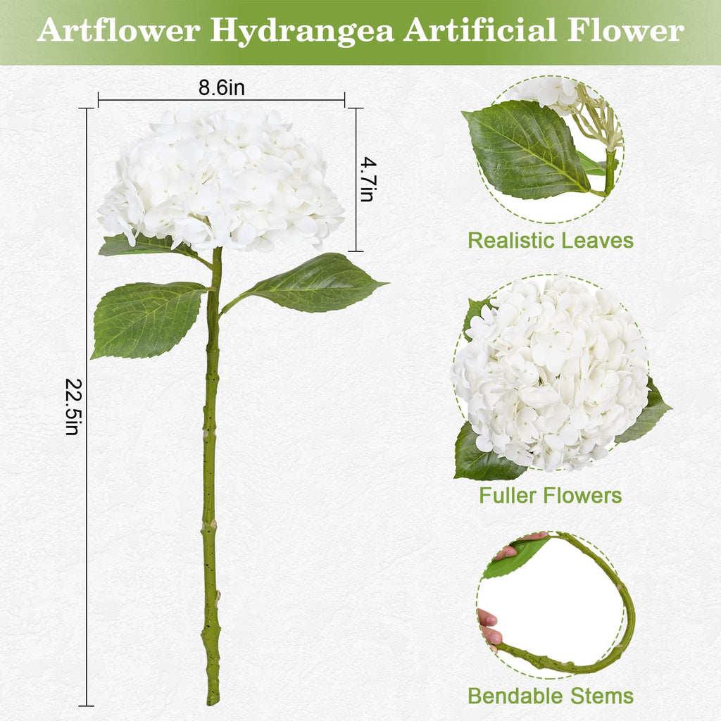 4Pcs Real Touch Hydrangea Artificial Flowers, 22.5'' White Full Latex Faux Hydrangea Flowers Floral Arrangements