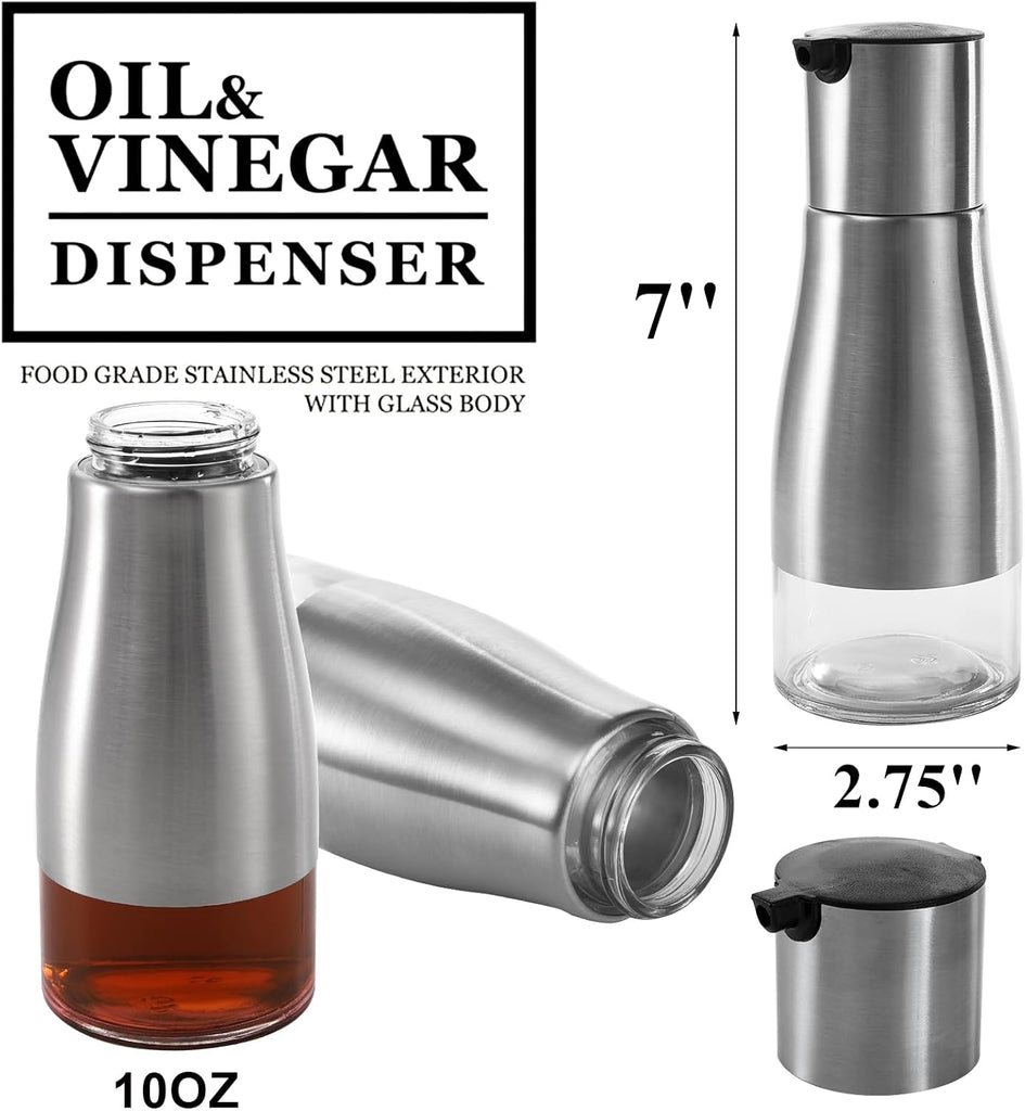 Silver Olive Oil and Vinegar Dispenser Set, 10OZ Oil Dispenser Cruet with Easy & Drip Free Pouring, Elegant - Set of 2