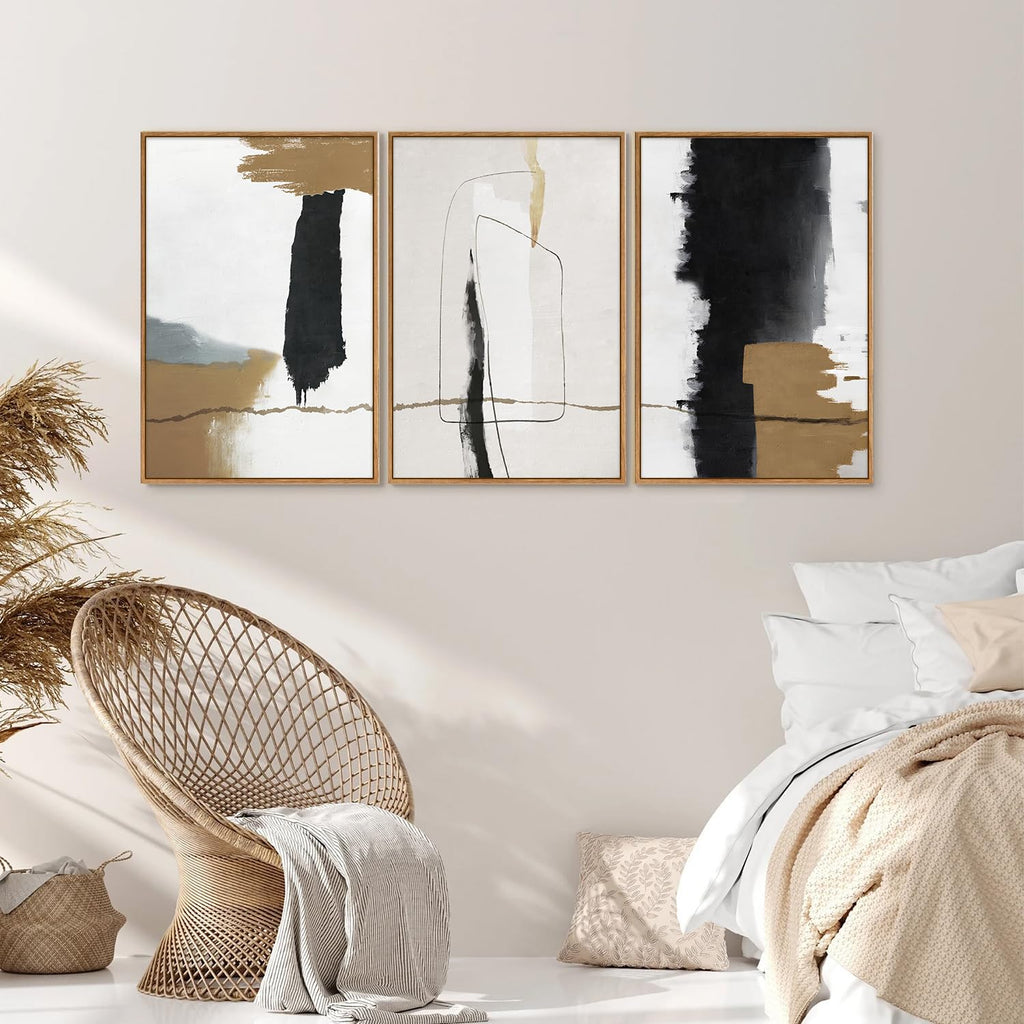 Black and White Abstract Framed Canvas Wall Art Set of 3, Beige Neutral Art Prints, Minimalist Modern Wall Decor
