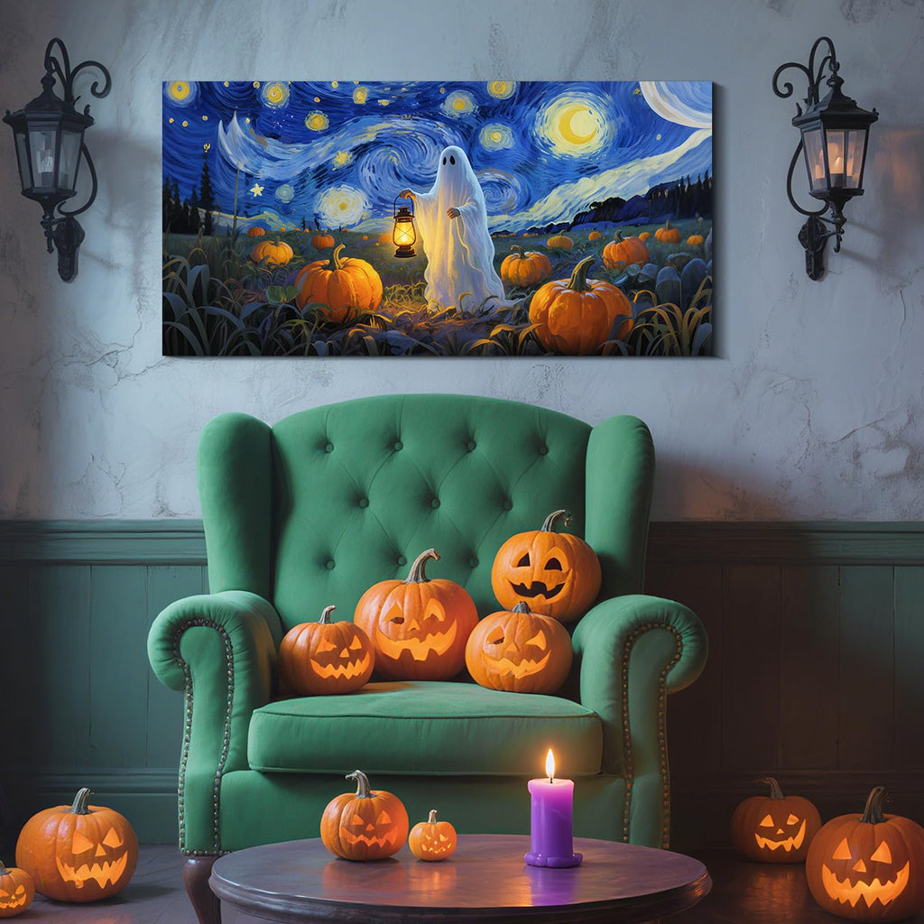Halloween Wall Art 40x20 Inch, Pumpkin and Ghost Theme Canvas Wall Decor Van Gogh Style Painting Print Holiday Gift