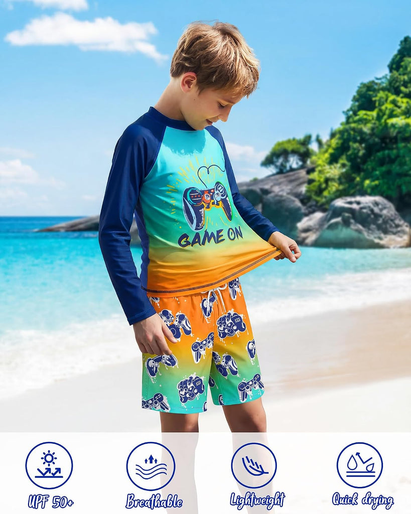 Boys Rash Guard Swim Set with Swim Trunks Bathing Suit Long Sleeve Swim Shirt Quick Dry Swimsuit Kids Swimwear Size