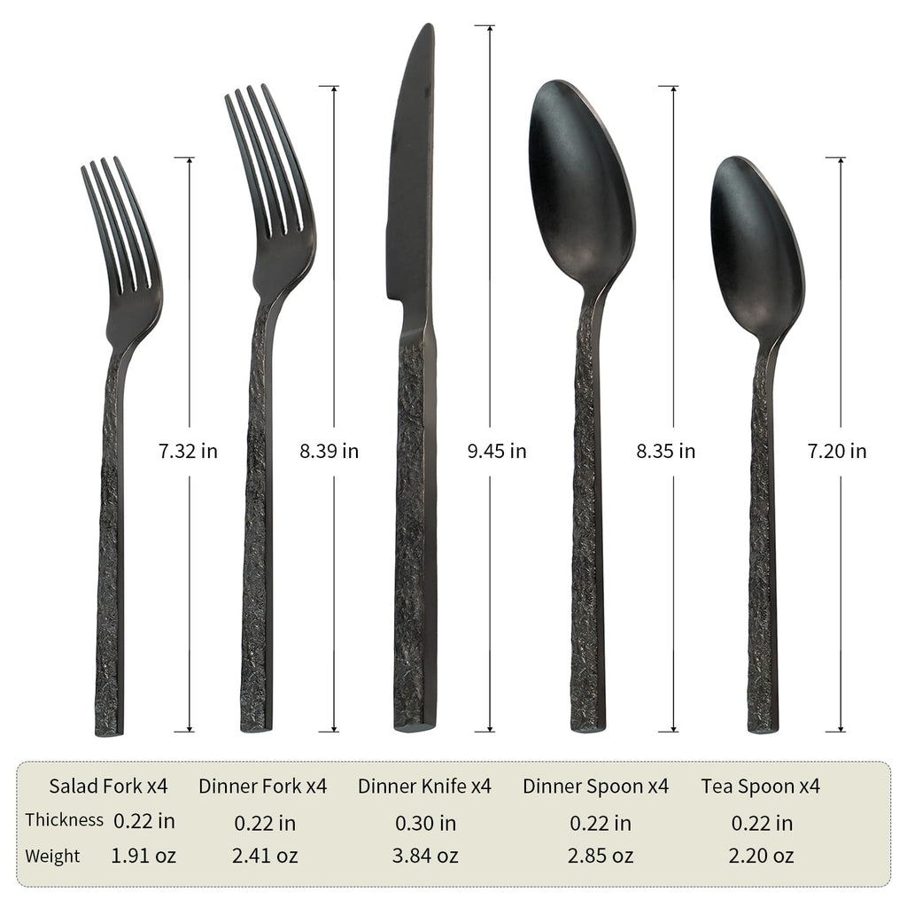 Black Hammered Silverware Set 18/10 Stainless Steel 20 Piece Service for 4