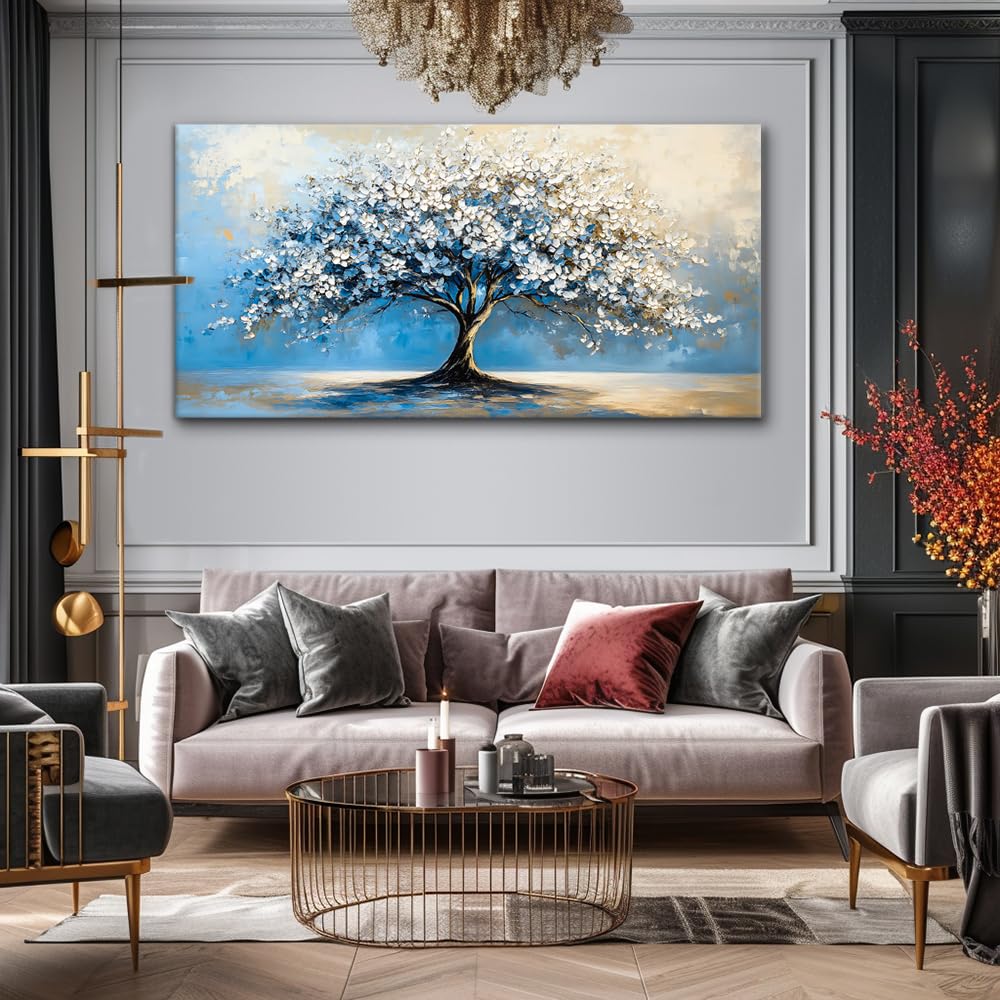 Contemporary Tree of Life Wall Art Office Navy Blue White Floral Canvas Painting Prints Nature Artwork over the Couch