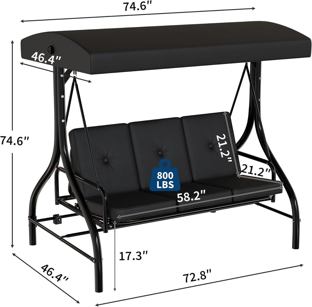 3-Seat Outdoor Porch Swing with Adjustable Canopy | Patio Swing Chair with Stand, 800 Lbs Heavy Duty Steel Frame