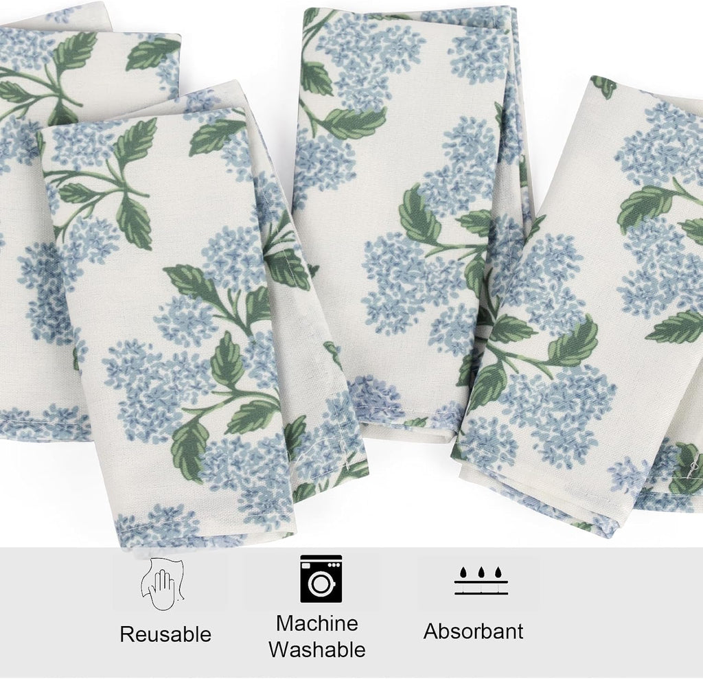 Sage Green Hydrangea Cloth Napkins Set of 12,Blue and White Vintage Floral Dinner Napkins Natural Linen Cotton