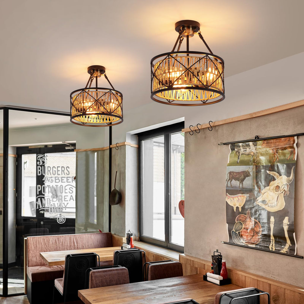 3-Light Hand Woven Boho Ceiling Light, Farmhouse Industrial Dual Round Semi Flush Mount Chandelier, Black Gold Rattan