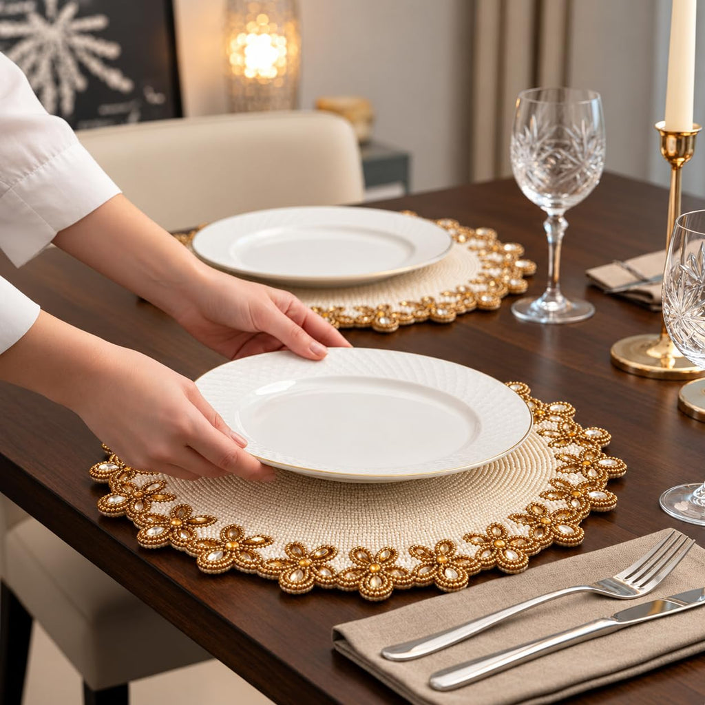 Beaded Placemats for Dining Table Ivory Gold - Measure 13 Inches