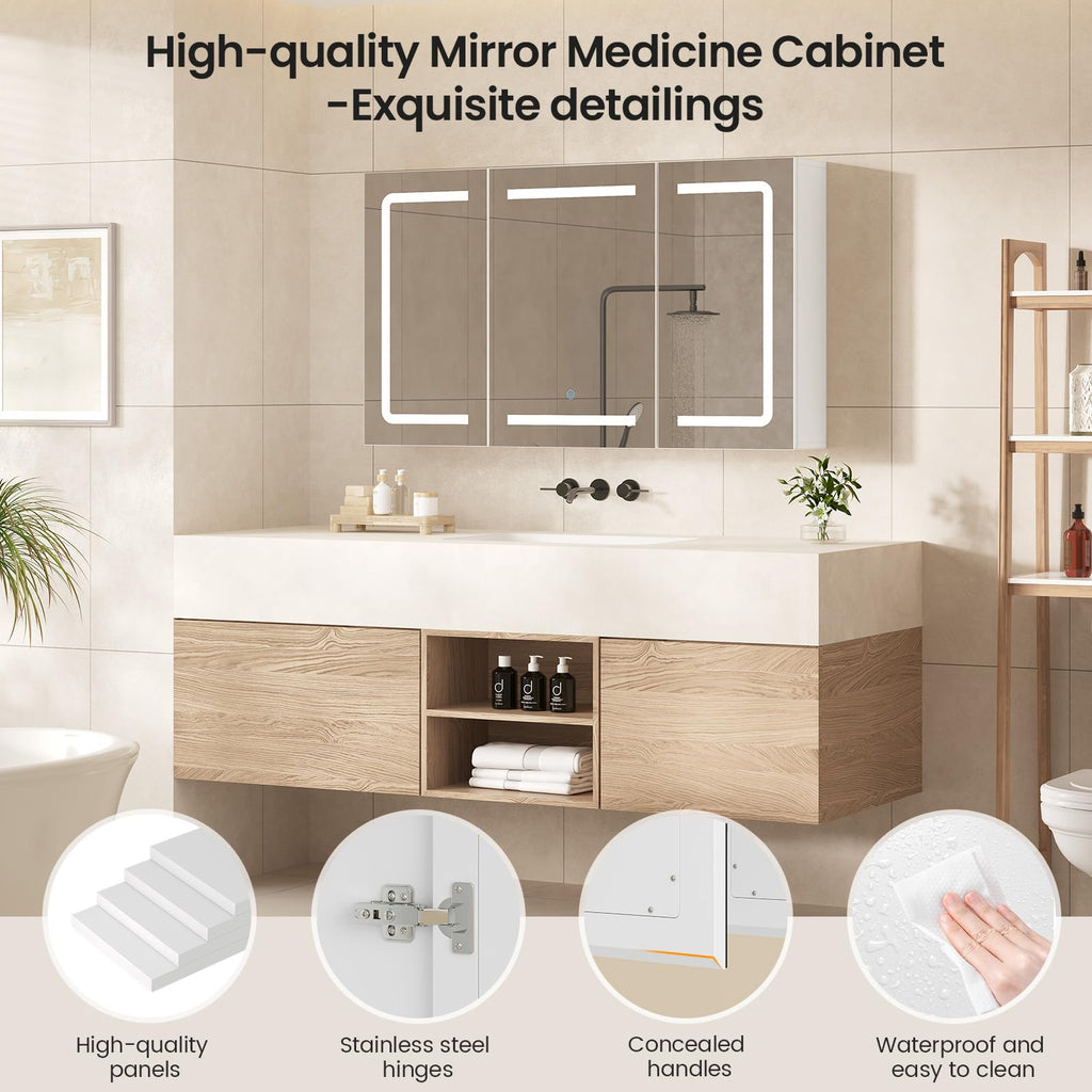 Medicine Cabinet Organizer with Mirror, Lighted Bathroom Medicine Cabinet with Storage, 3 Doors Bathroom Wall Cabinet