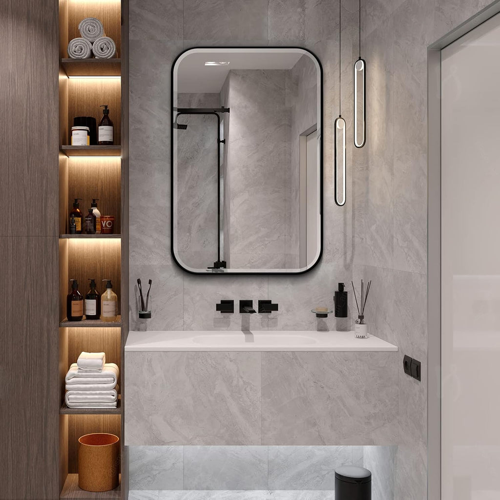 Plastic Black Medicine Cabinet 16x24 Beveled Mirror, Recessed/Surface Mount | Black Metal-Framed Bathroom Mirror