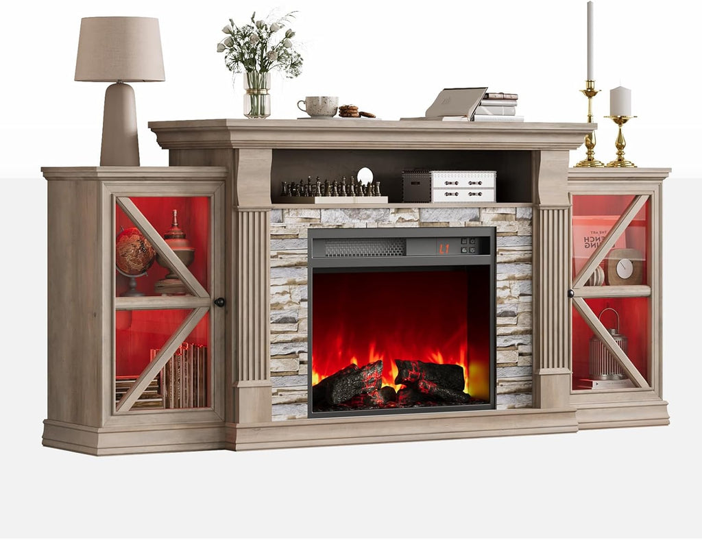 QUW Electric Fireplace TV Stand, 70" Farmhouse Entertainment Center with Open Shelf and Glass Barn Door Cabniet