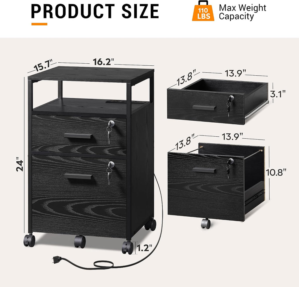 2 Drawer File Cabinet with Lock and Charging Station | Wood Filing Cabinet fits A4 or Letter Size, Mobile Printer