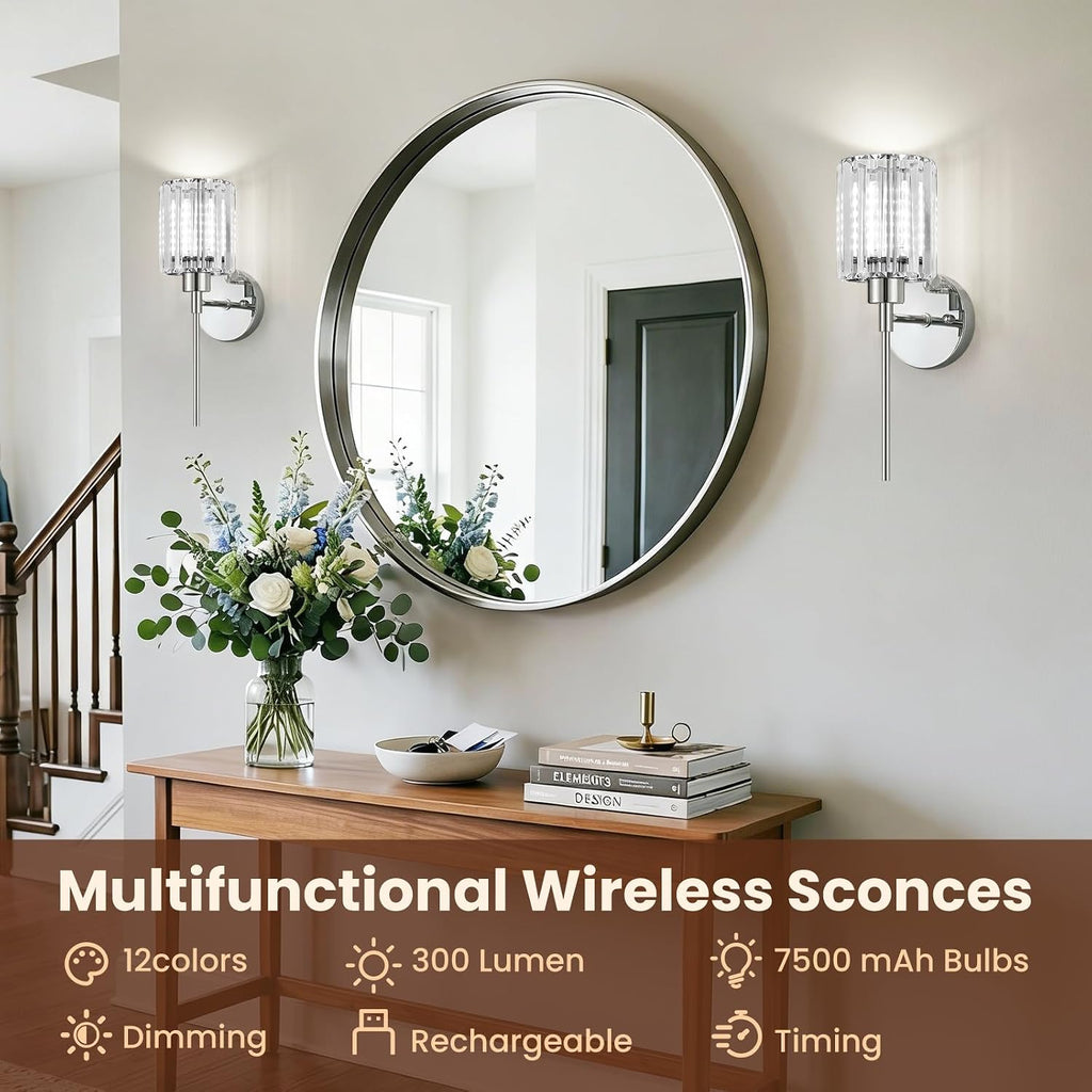 2-Pack Crystal Battery Operated Wall Sconces, Chrome Rechargeable Wireless Wall Sconce Lights with Dimmable Bulbs and