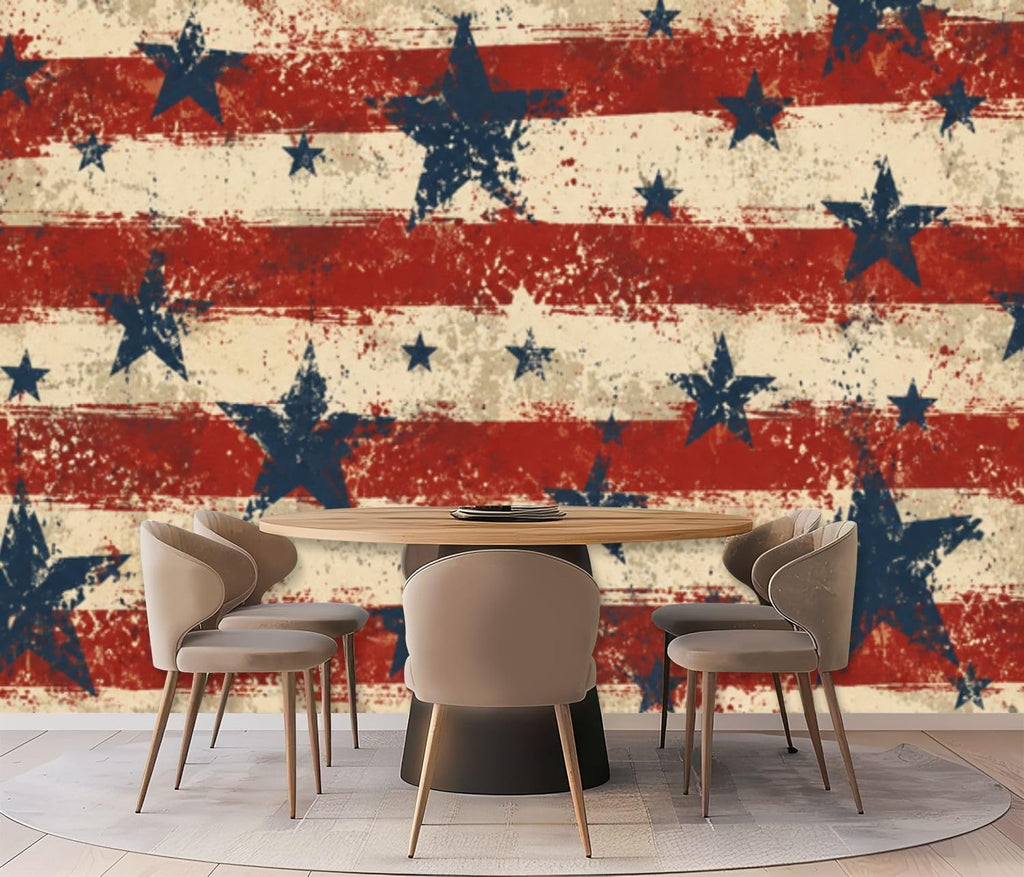 Wall Mural Peel and Stick Patriotic Stars Stripes Red White Blue Grunge Style Wallpaper Removable Self-Adhesive Large