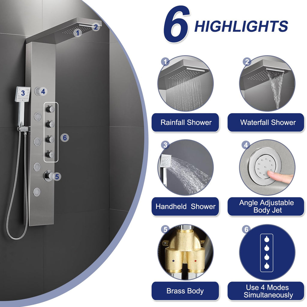 4-in-1 Rainfall Waterfall Shower Panel Tower System, Brushed Finish