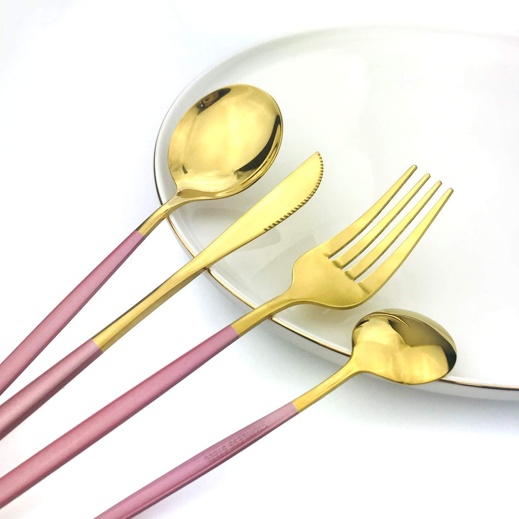 24Pcs Gold Mirror Silverware Flatware With Pink Handle, 18/0 Stainless Steel Cutlery Set Utensils Kitchen Dinnerware