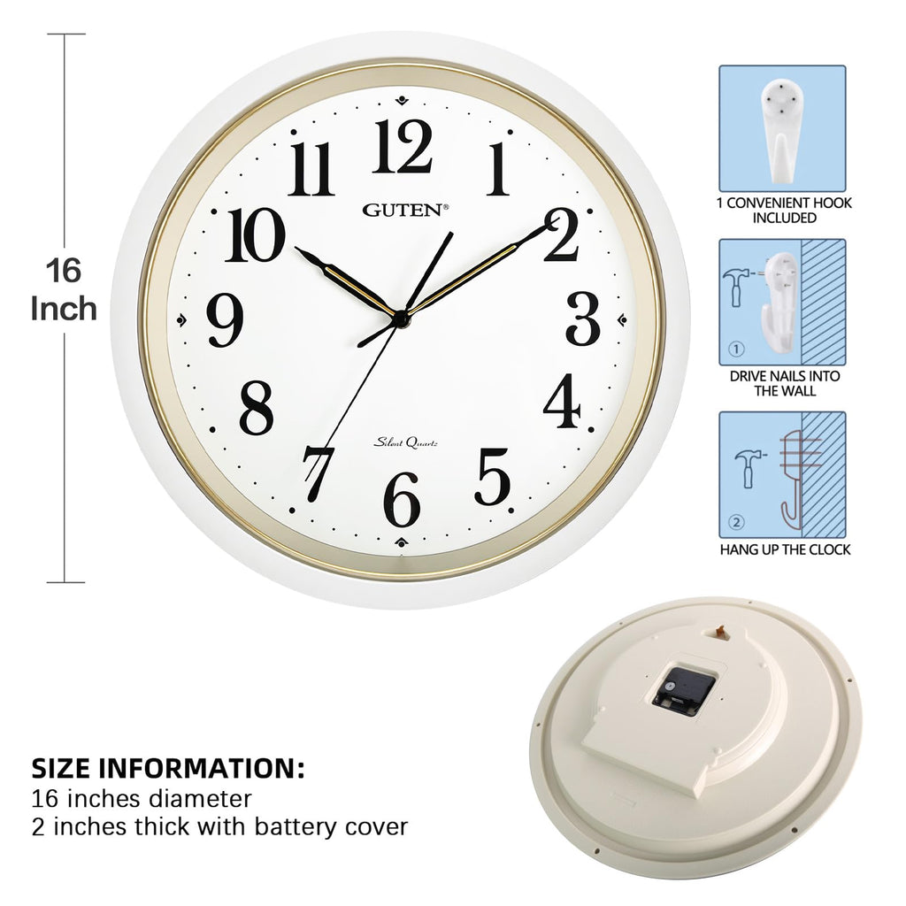 16 Inch Large Silent Non Ticking Wall Clock, Modern Quality Quartz Battery Operated Round Clock, Decorative