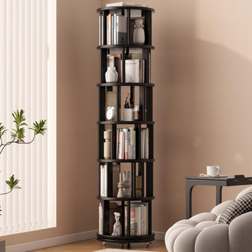 6 Tier Solid Wood Rotating Bookshelf Tower on Wheels, Black