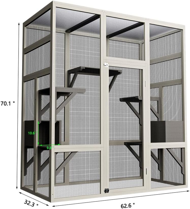 Outdoor Cat House Catio Enclosure 62.6", Wooden Large Cat Cage with Waterproof Roof, Solid Wood Cat Playpen with 7