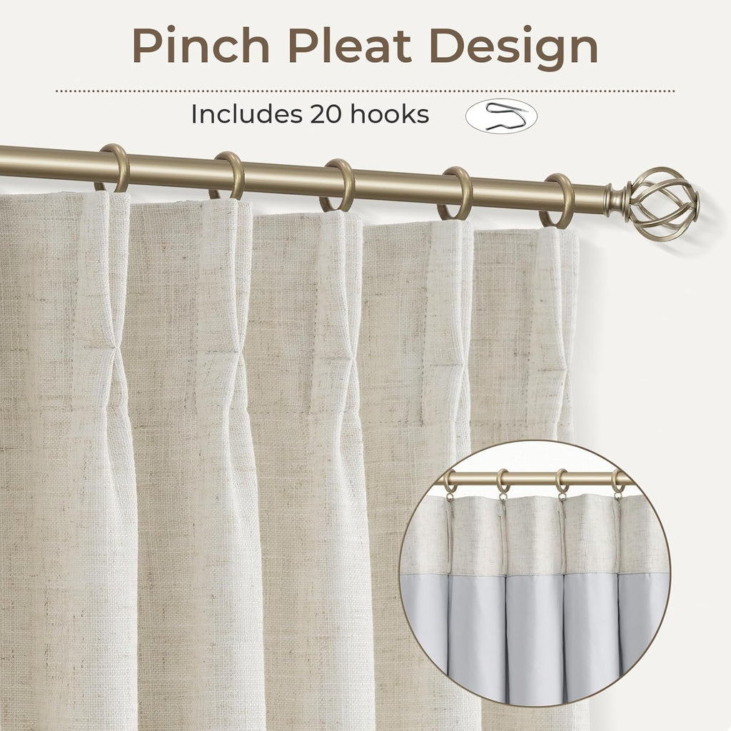 Natural Linen Pinch Pleated Curtains Blackout, 100% Black Out Curtains 96 inch Long, Blackout Thermal Insulated Pinch