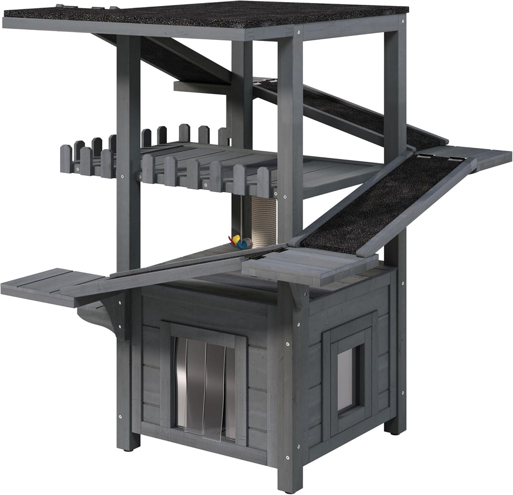 4 Tiers Outdoor Cat House, Weatherproof Wood Cat Tree Tower with Waterproof Roof and 2 Doors, Cat Climbing Tower